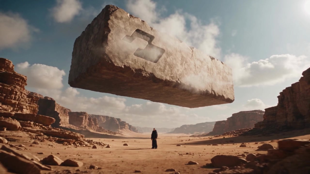 Homem sozinho em um deserto de arenito, com um monolito de pedra flutuando acima dele