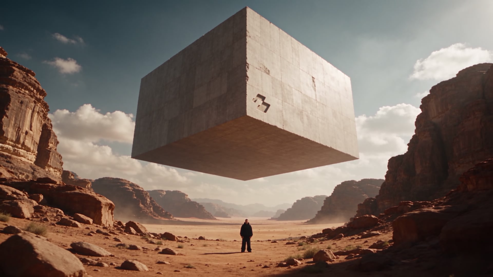 Cubo monumental suspenso sobre um deserto, com uma pessoa abaixo